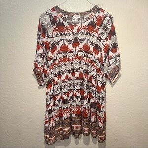 Umgee Aztec Print Women’s Babydoll Dress Large Boho Tunic Rust Flowy